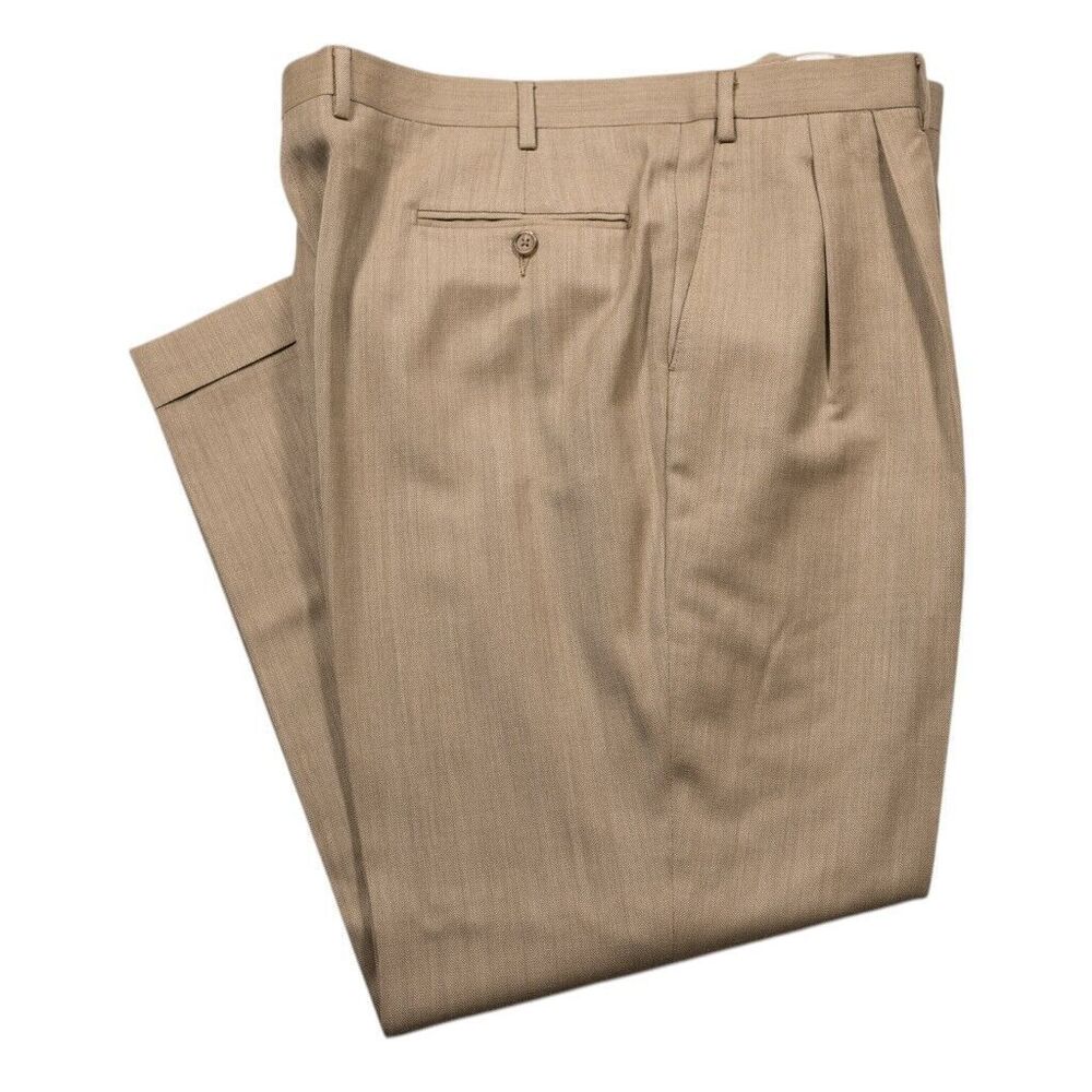 Ralph Lauren Mens Dress Pants Beige Herringbone 100% Wool Cuffed Pleated 39x30